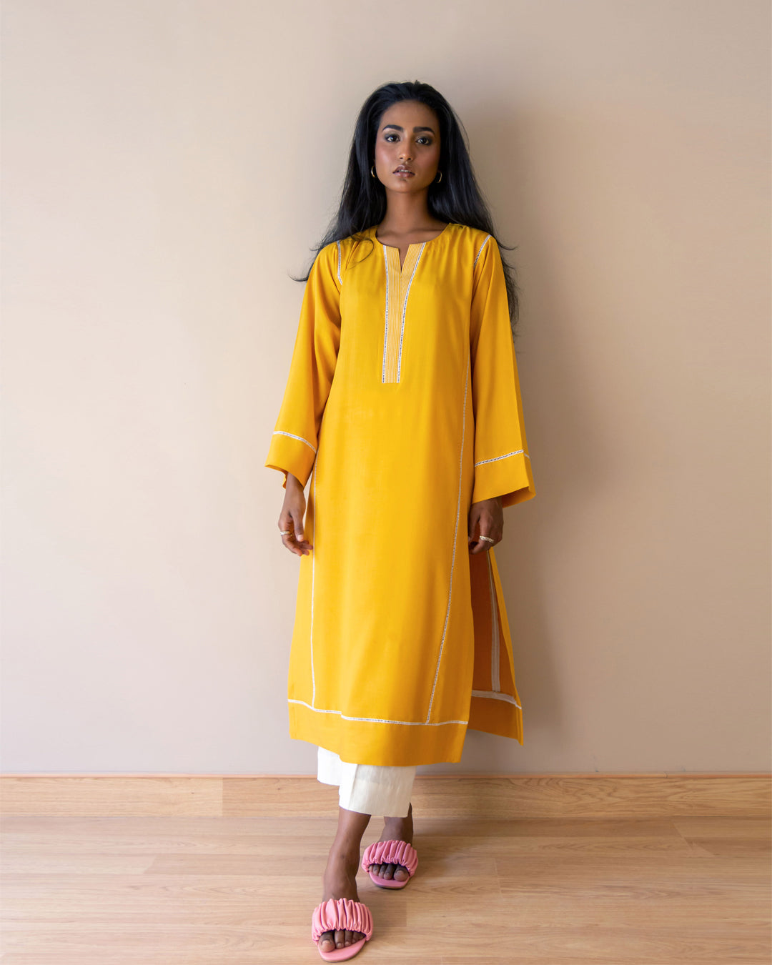 Long yellow linen kameez